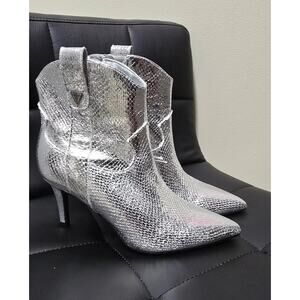 NEW GUESS Metallic Silver WESTERN Cowboy Heel Booties FAUX SNAKE size 8.5 M